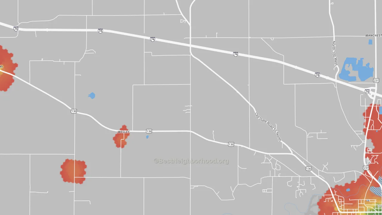 Walk Grade map of Wesley, IN, walkable areas in green and car-dependent areas in red