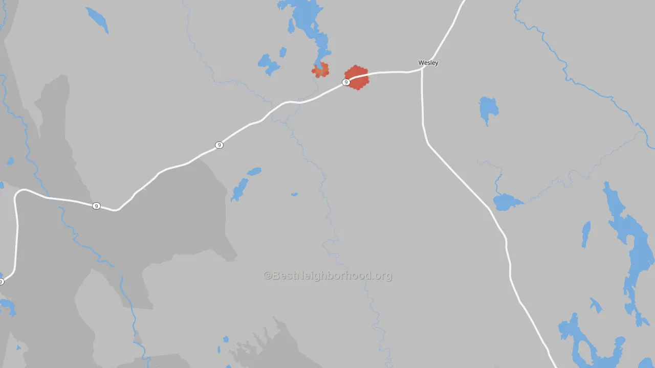 Walk Grade map of Wesley, ME, walkable areas in green and car-dependent areas in red