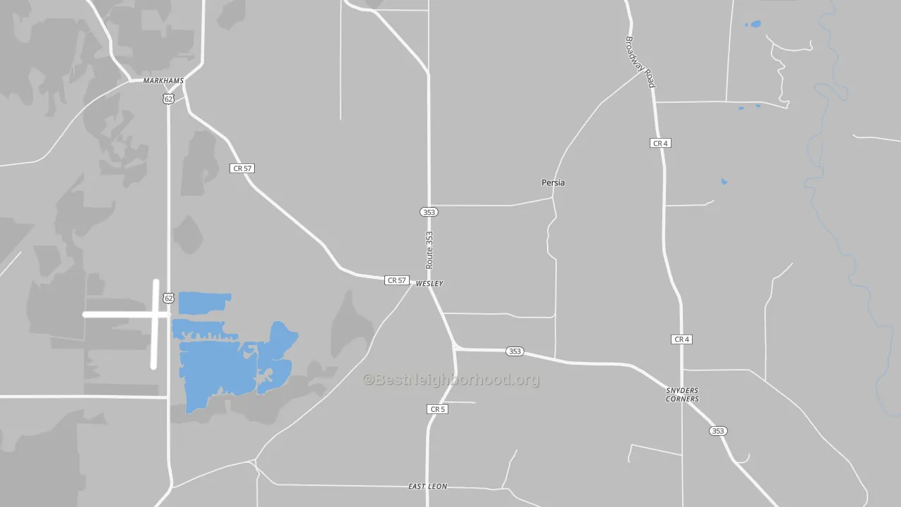 Walk Grade map of Wesley, NY, walkable areas in green and car-dependent areas in red