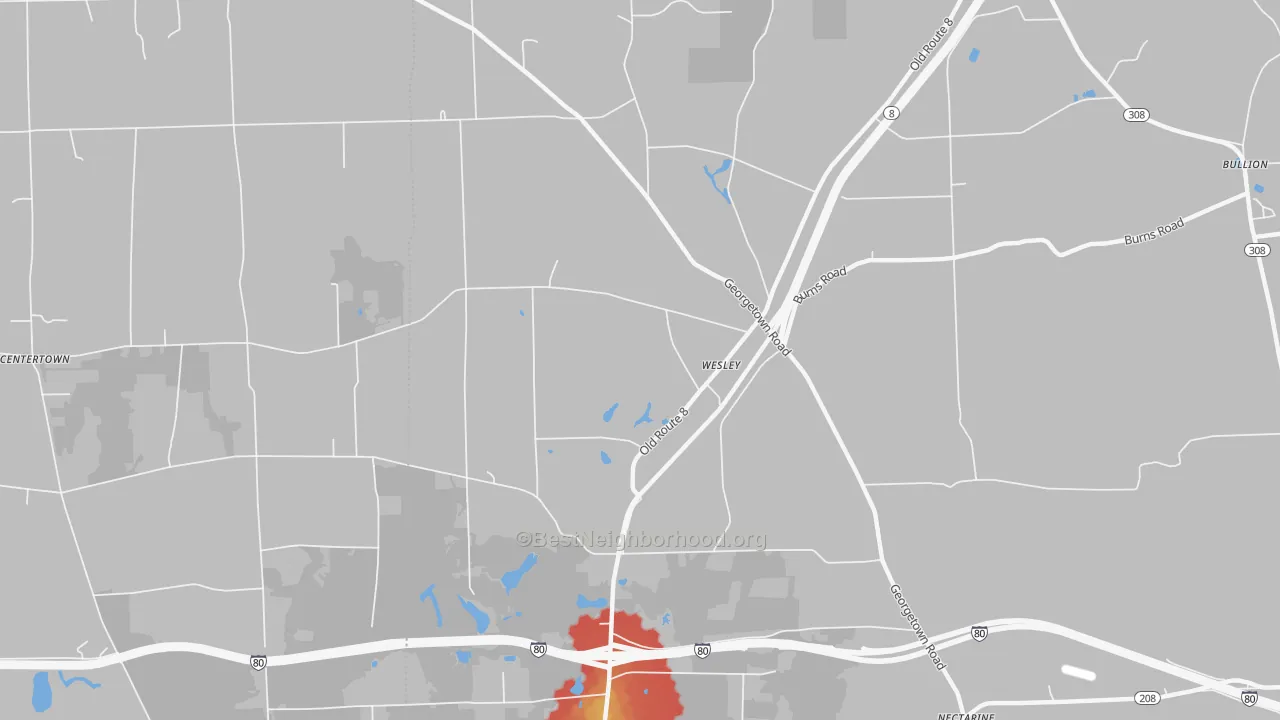 Walk Grade map of Wesley, PA, walkable areas in green and car-dependent areas in red