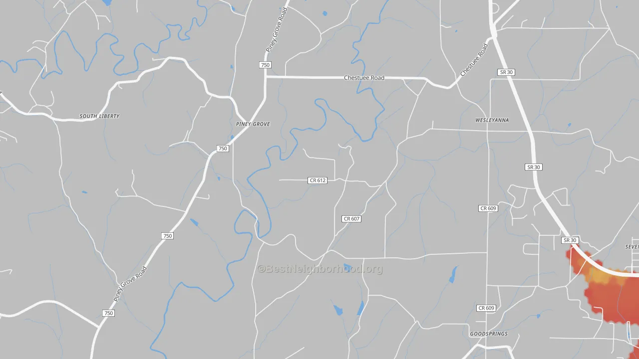 Walk Grade map of Wesleyanna, TN, walkable areas in green and car-dependent areas in red