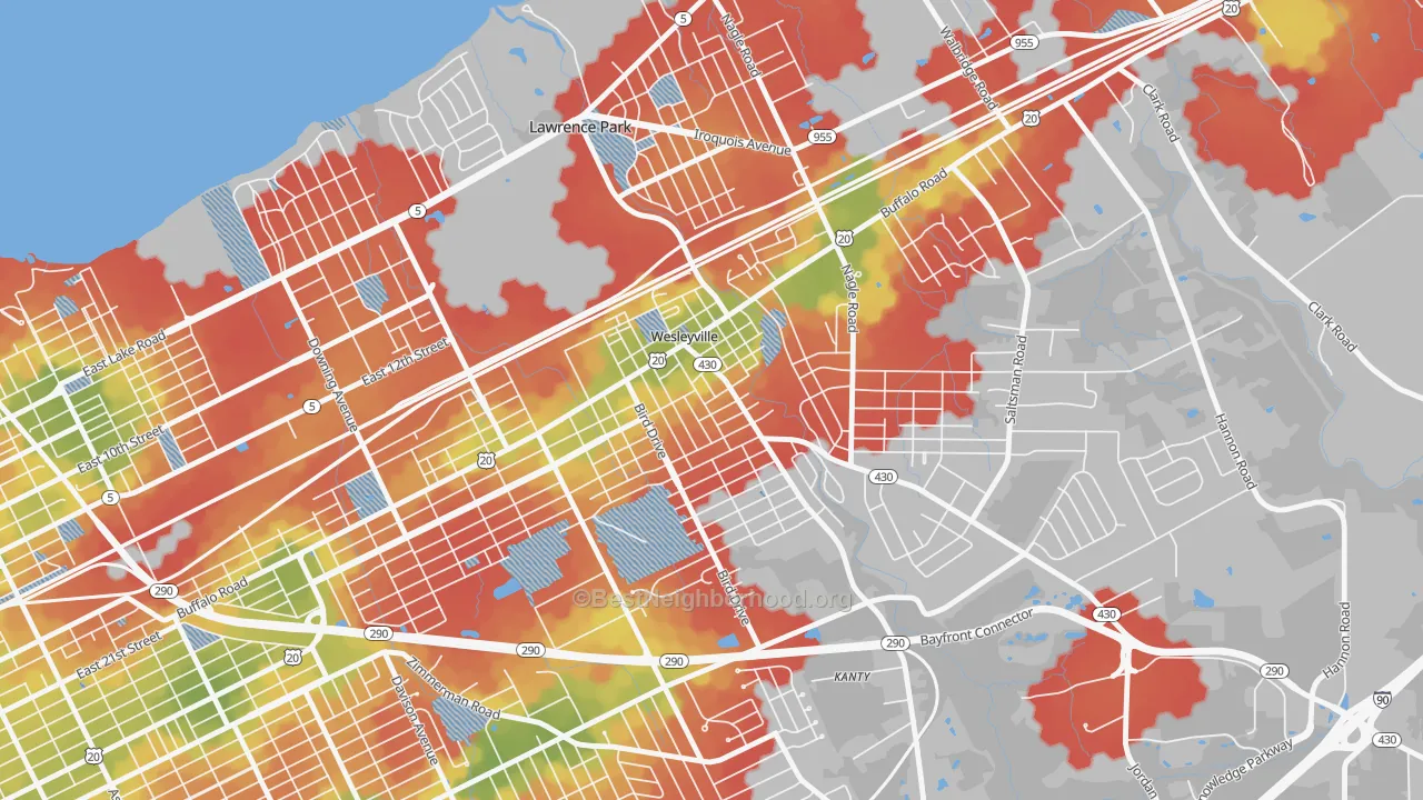 Walk Grade map of Wesleyville, PA, walkable areas in green and car-dependent areas in red