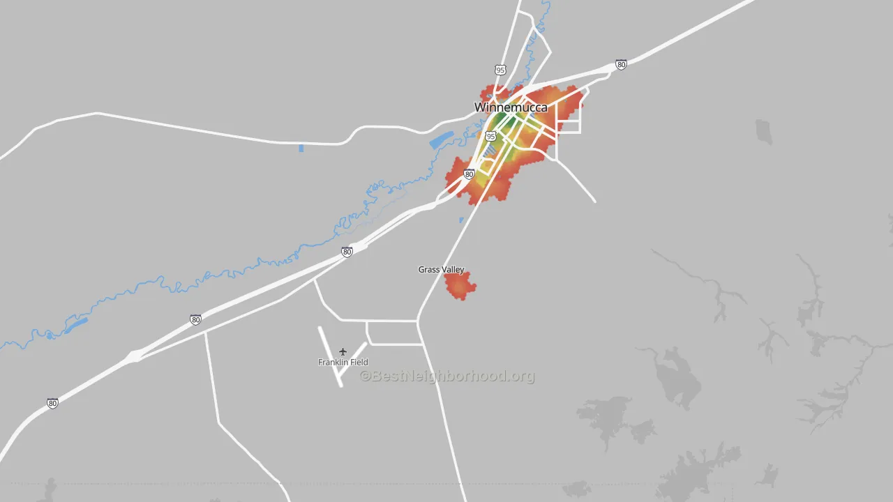 Walk Grade map of Weso, NV, walkable areas in green and car-dependent areas in red