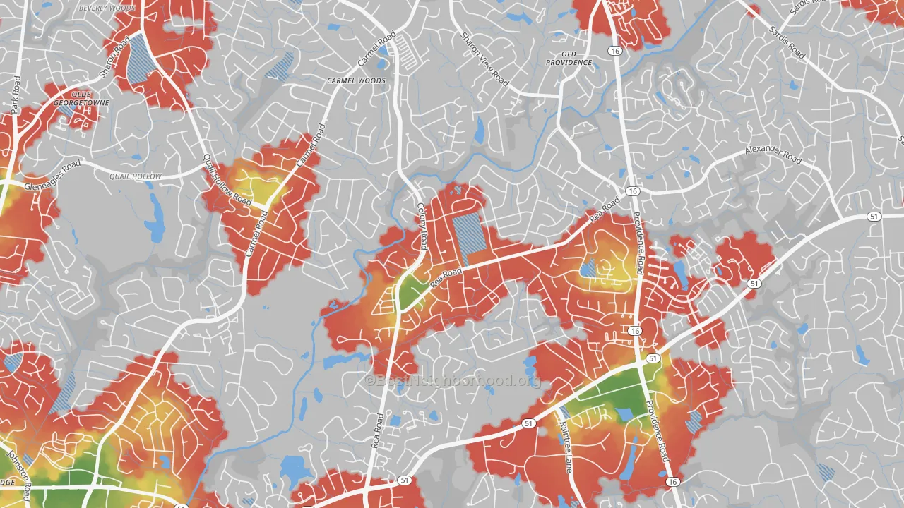 Walk Grade map of Wessex Square, Charlotte, NC, walkable areas in green and car-dependent areas in red
