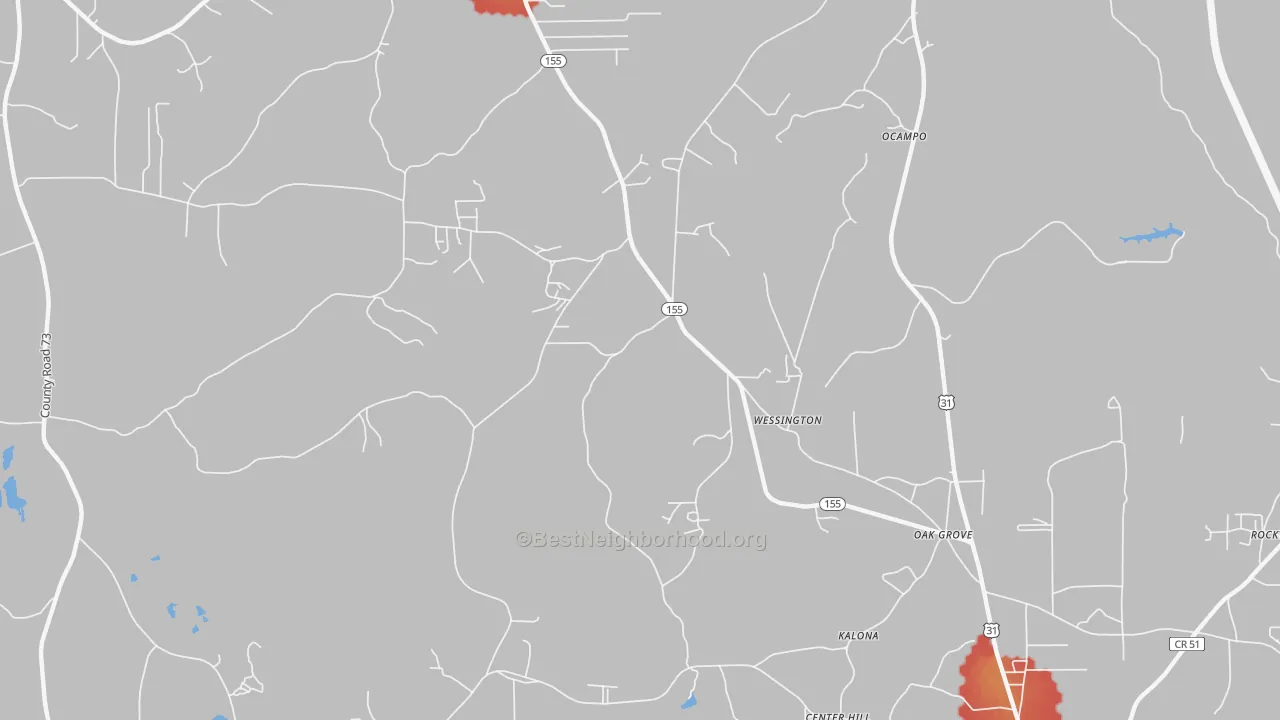 Walk Grade map of Wessington, AL, walkable areas in green and car-dependent areas in red