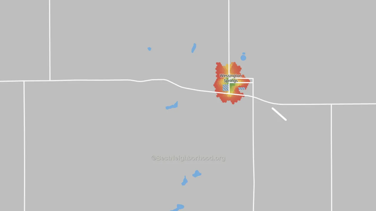 Walk Grade map of Wessington Springs, SD, walkable areas in green and car-dependent areas in red
