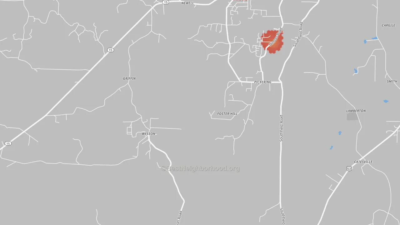 Walk Grade map of Wesson, AR, walkable areas in green and car-dependent areas in red