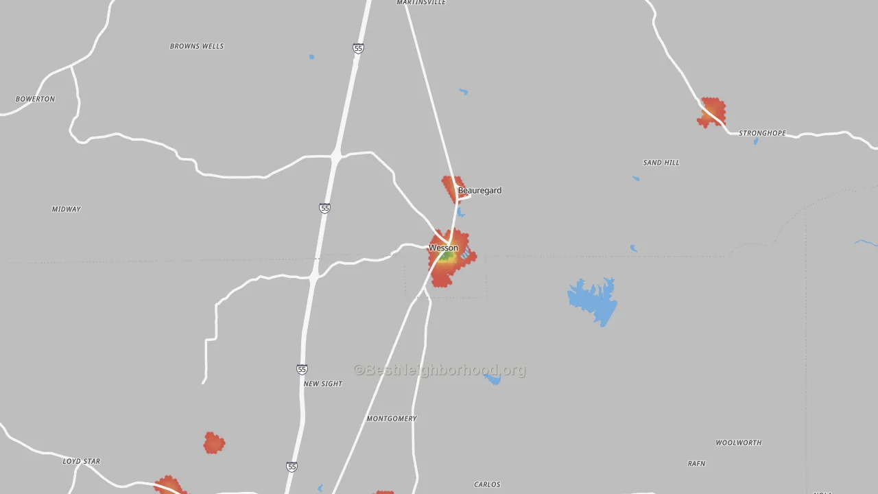 Walk Grade map of Wesson, MS, walkable areas in green and car-dependent areas in red