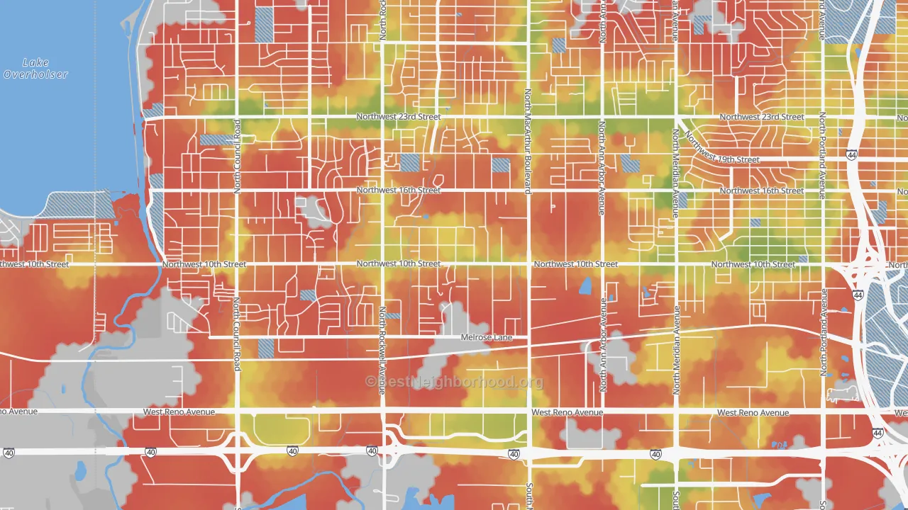 Walk Grade map of West 10th, Oklahoma City, OK, walkable areas in green and car-dependent areas in red