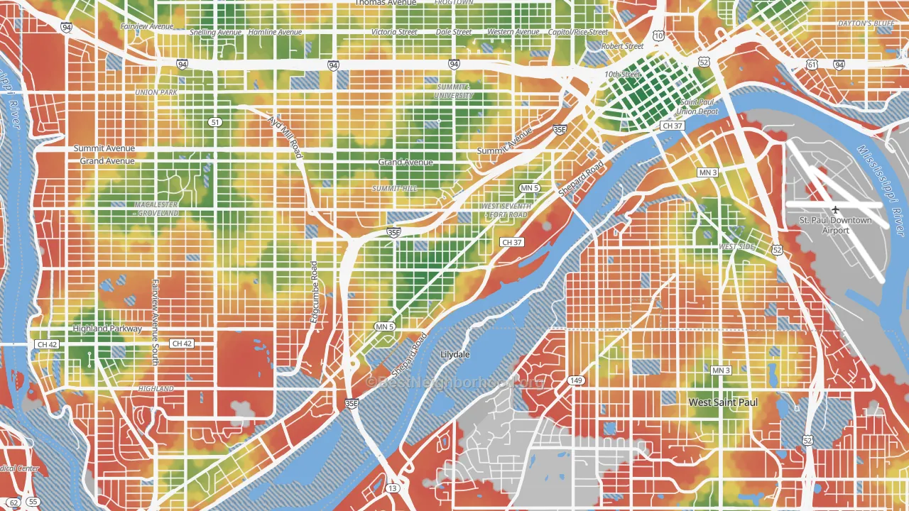 Walk Grade map of West 7th, St. Paul, MN, walkable areas in green and car-dependent areas in red