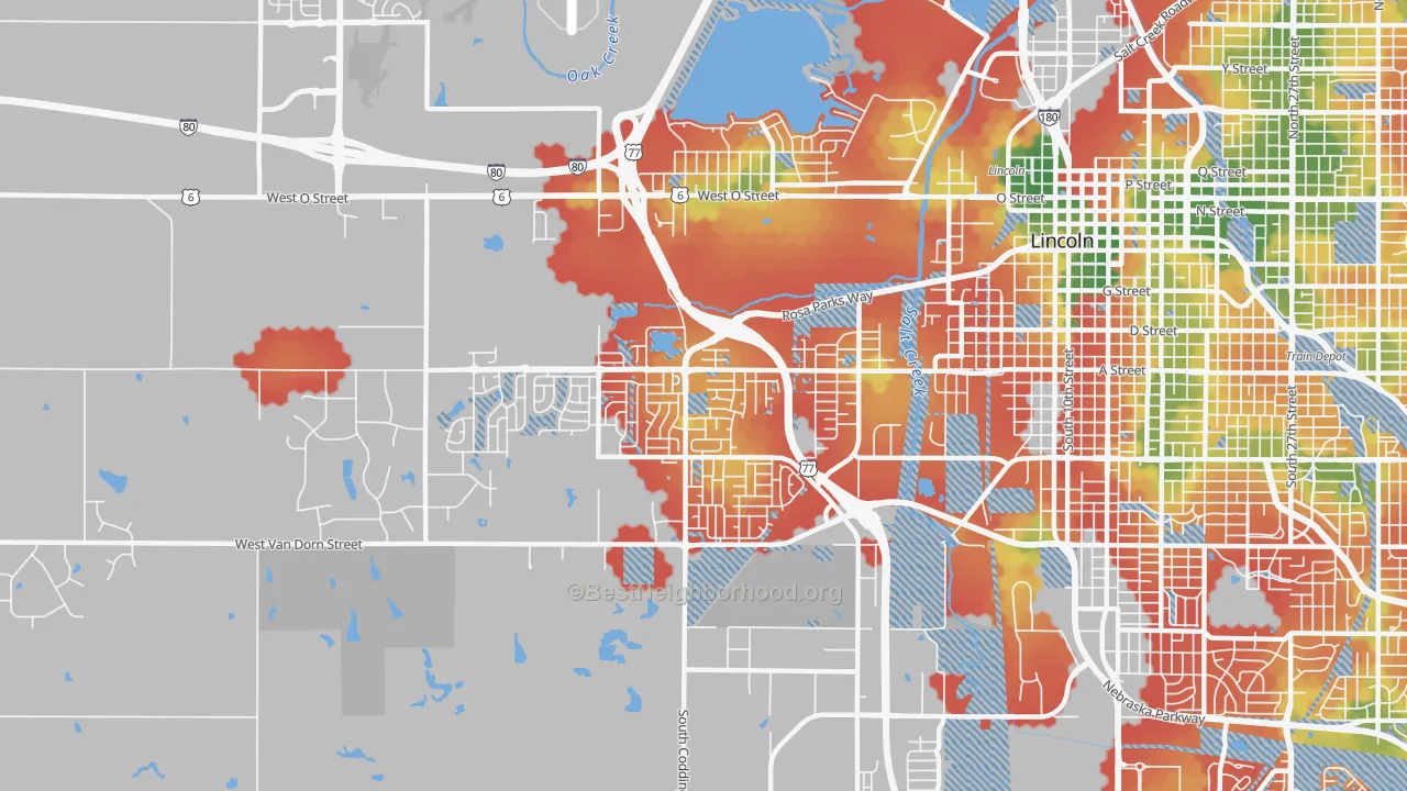 Walk Grade map of West A, Lincoln, NE, walkable areas in green and car-dependent areas in red