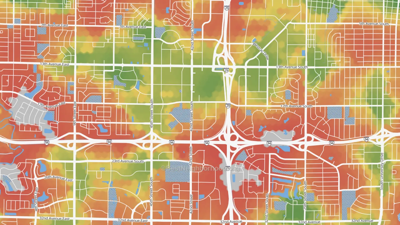 Walk Grade map of West Acres, Fargo, ND, walkable areas in green and car-dependent areas in red