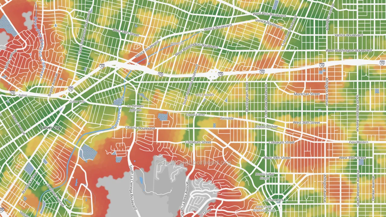 Walk Grade map of West Adams, Los Angeles, CA, walkable areas in green and car-dependent areas in red