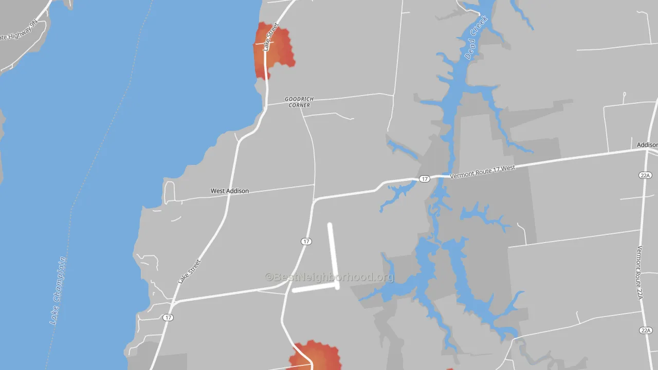 Walk Grade map of West Addison, VT, walkable areas in green and car-dependent areas in red