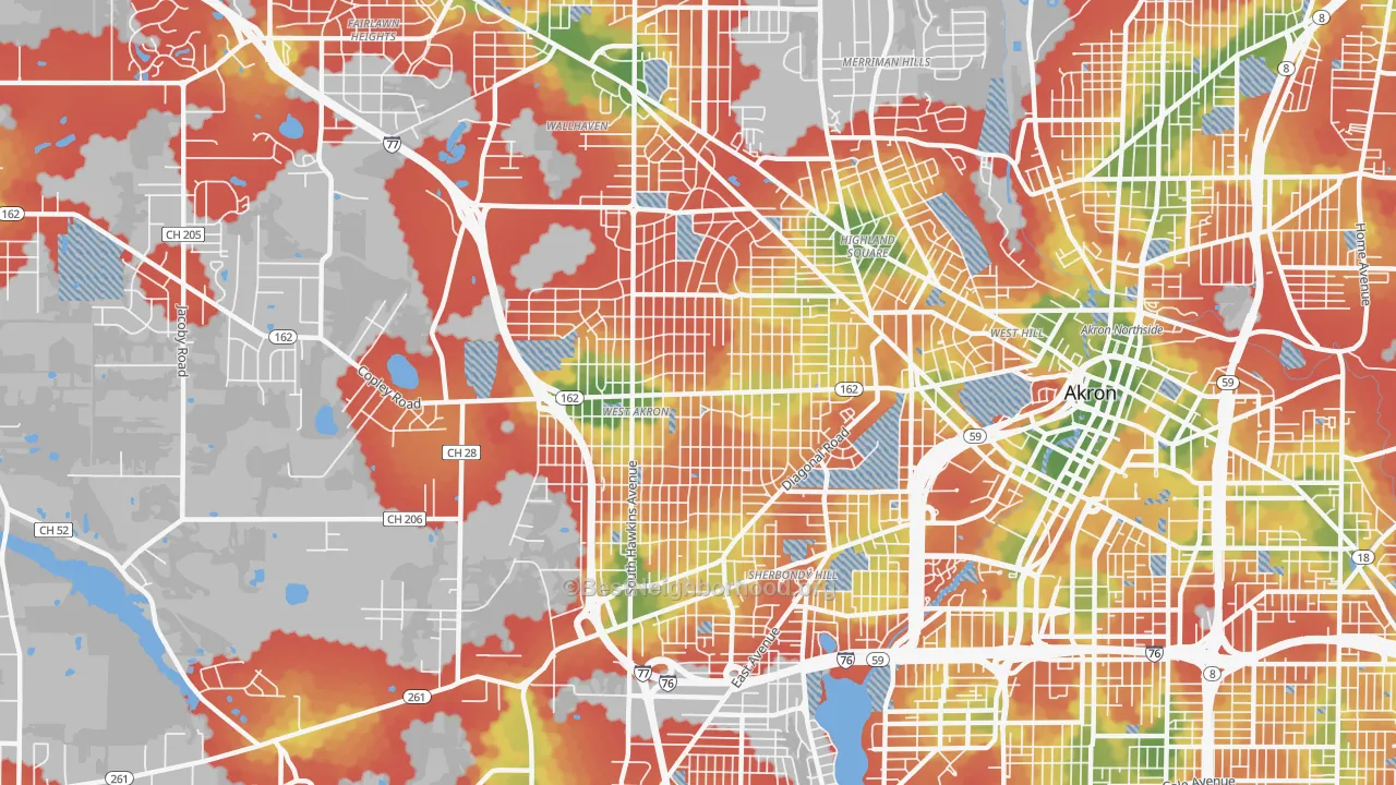 Walk Grade map of West Akron, Akron, OH, walkable areas in green and car-dependent areas in red
