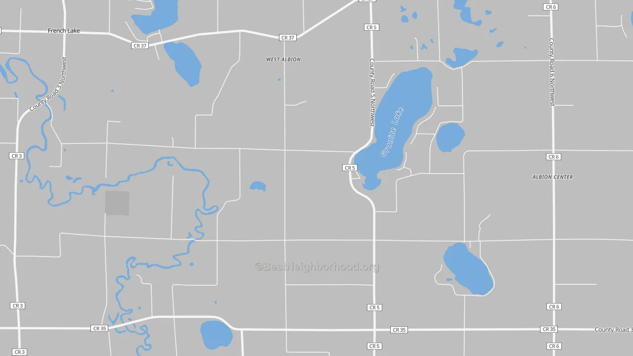 Walk Grade map of West Albion, MN, walkable areas in green and car-dependent areas in red