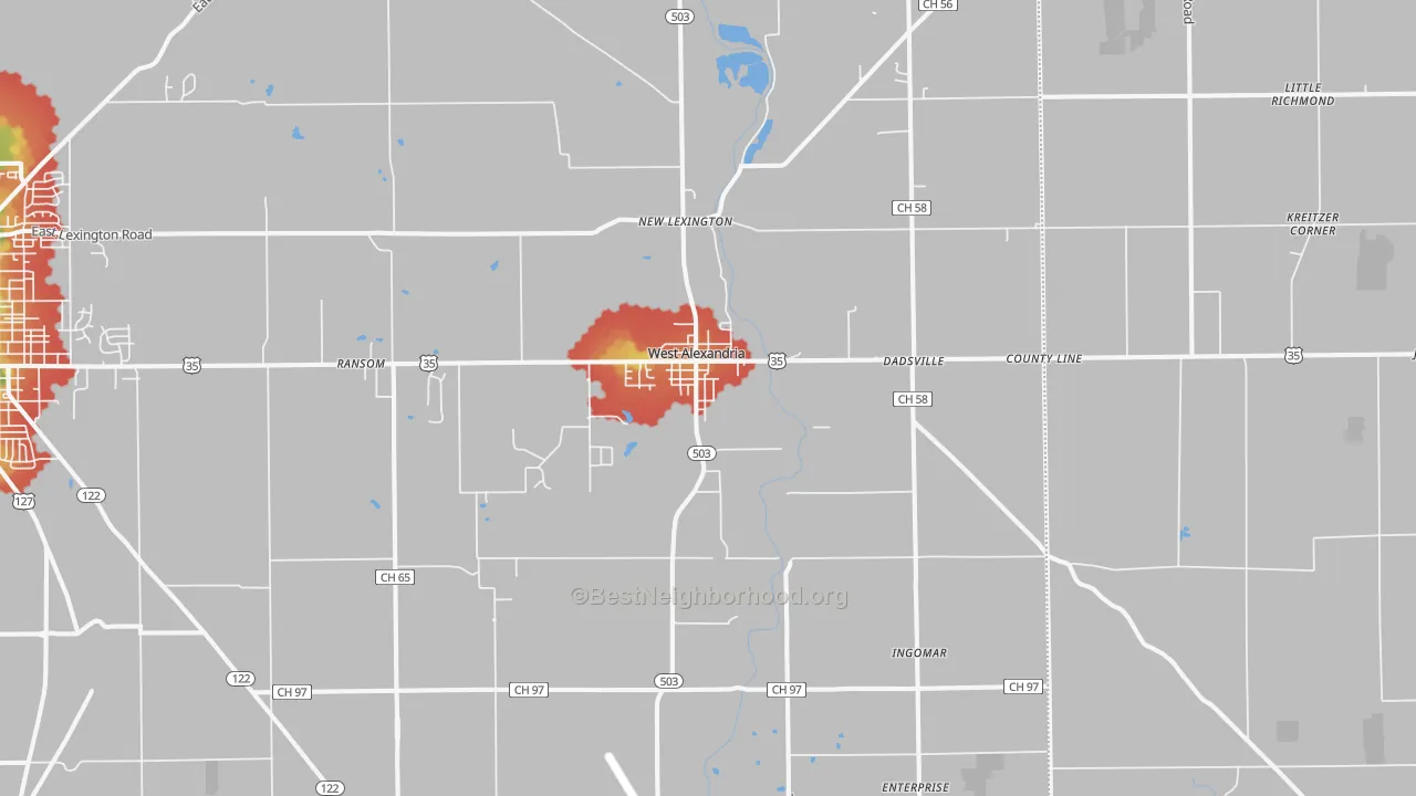 Walk Grade map of West Alexandria, OH, walkable areas in green and car-dependent areas in red