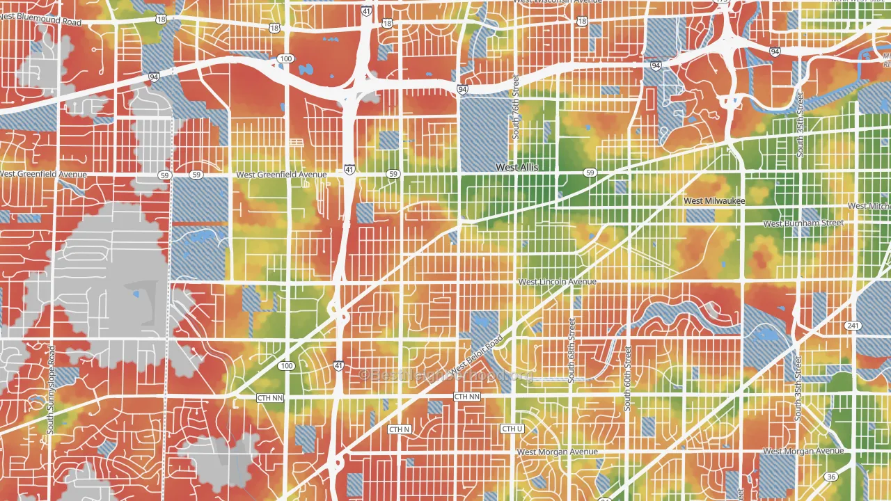 Walk Grade map of West Allis, WI, walkable areas in green and car-dependent areas in red