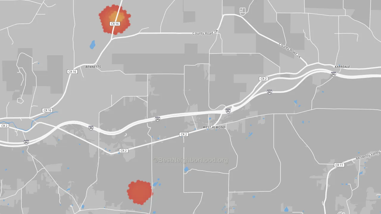 Walk Grade map of West Almond, NY, walkable areas in green and car-dependent areas in red