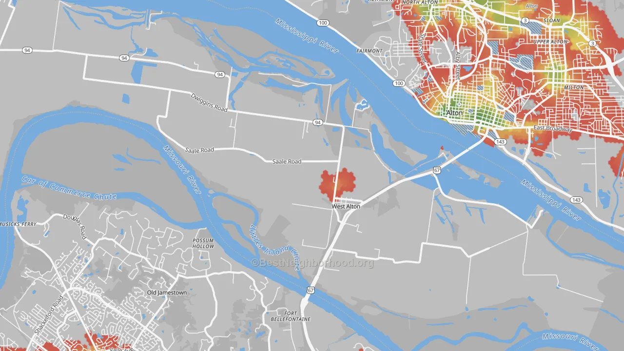 Walk Grade map of West Alton, MO, walkable areas in green and car-dependent areas in red