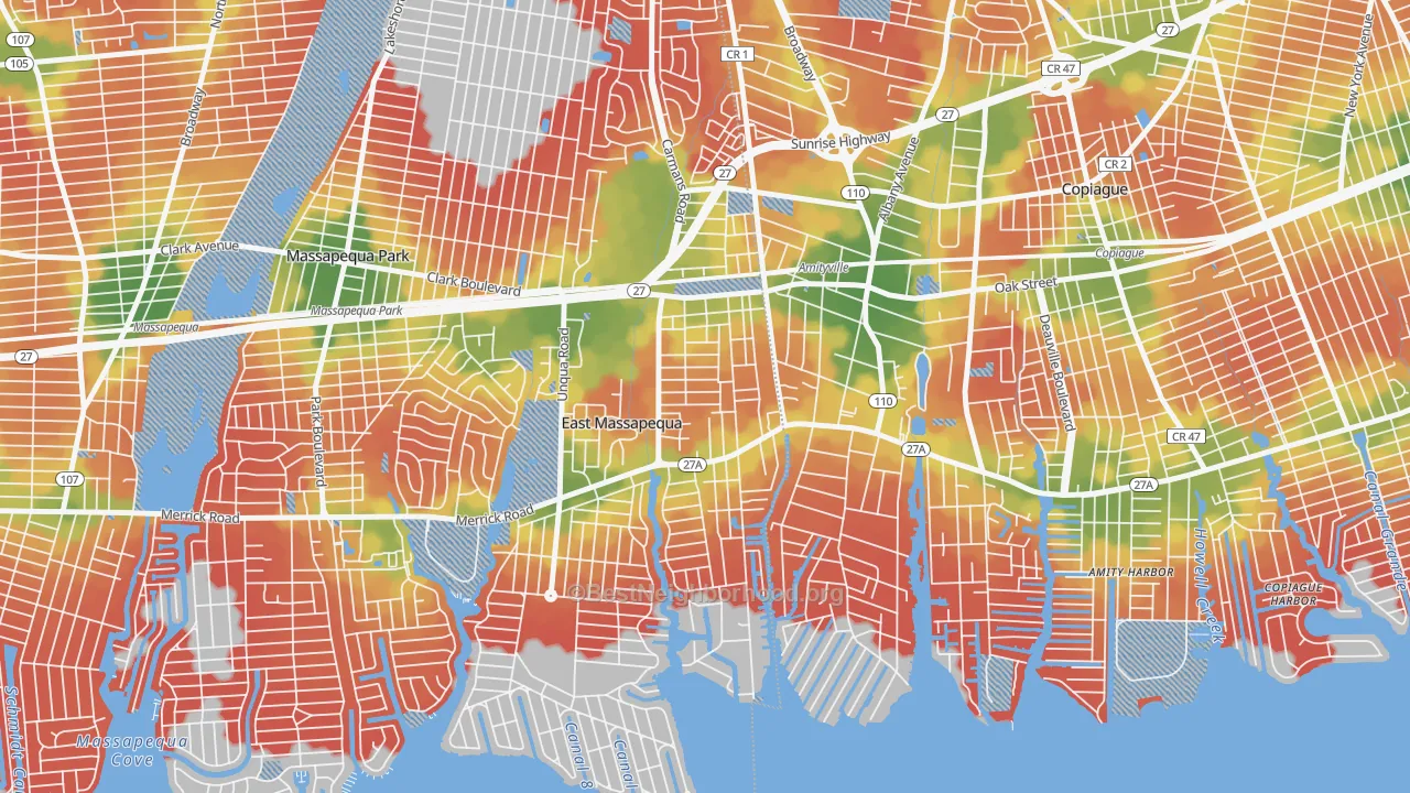 Walk Grade map of West Amityville, East Massapequa, NY, walkable areas in green and car-dependent areas in red