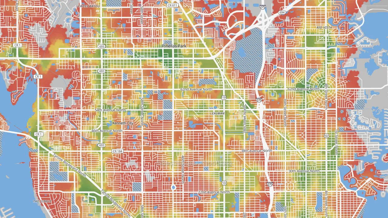 Walk Grade map of West and East Lealman, Lealman, FL, walkable areas in green and car-dependent areas in red