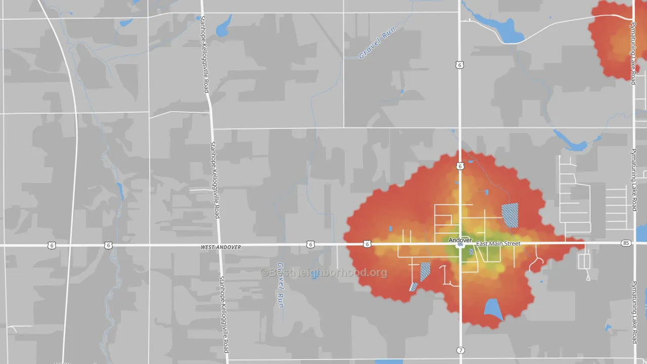 Walk Grade map of West Andover, OH, walkable areas in green and car-dependent areas in red