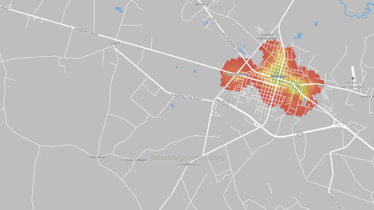 Walk Grade map of West Andrews, SC, walkable areas in green and car-dependent areas in red