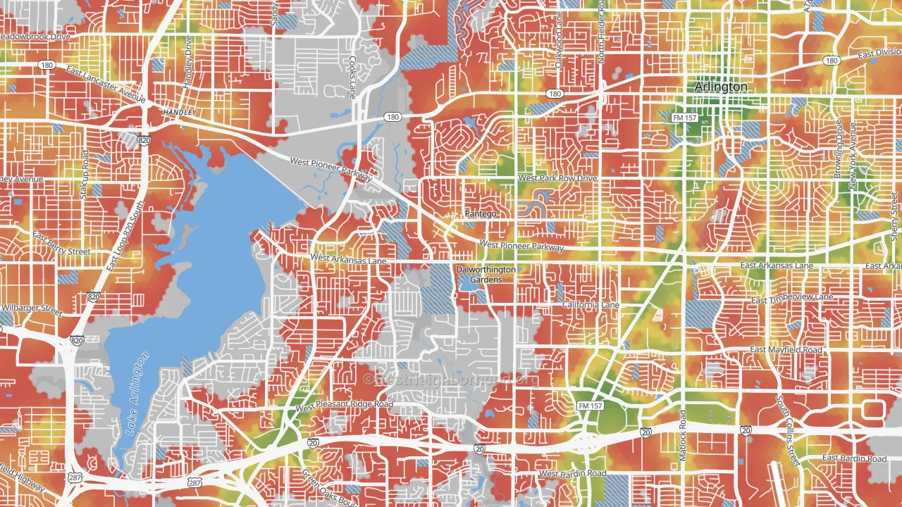 Walk Grade map of West, Arlington, TX, walkable areas in green and car-dependent areas in red