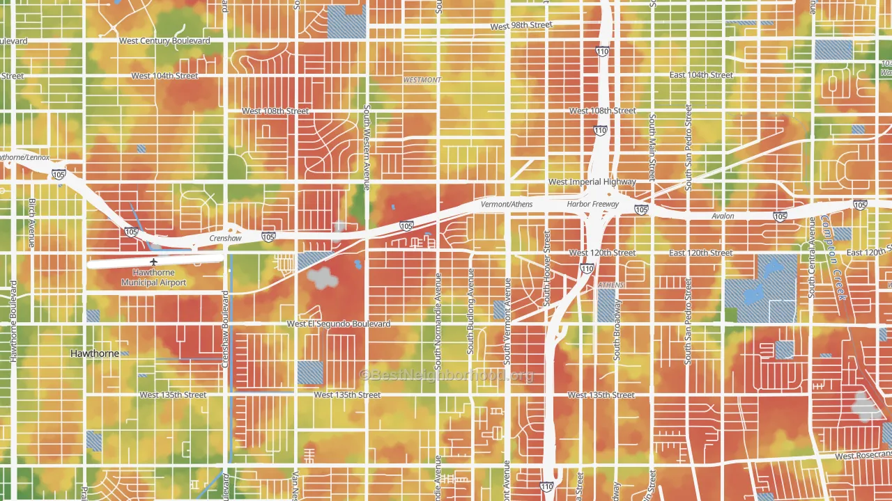 Walk Grade map of West Athens, CA, walkable areas in green and car-dependent areas in red