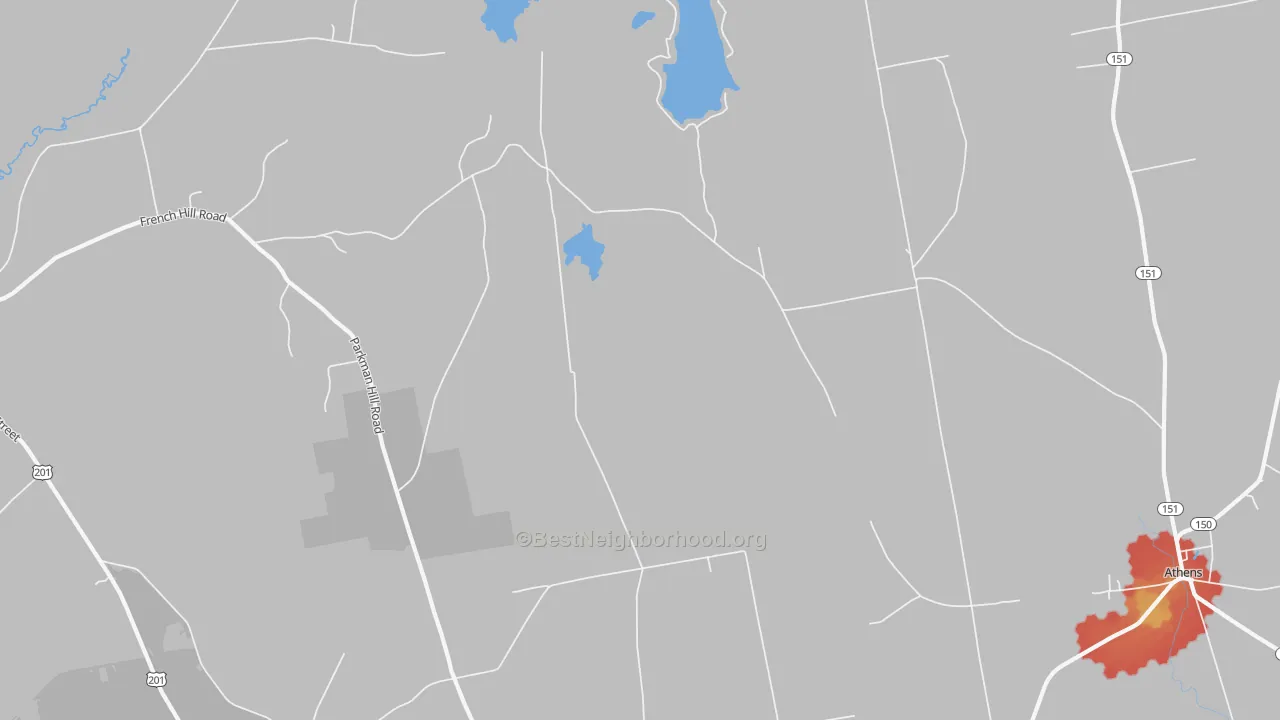 Walk Grade map of West Athens, ME, walkable areas in green and car-dependent areas in red