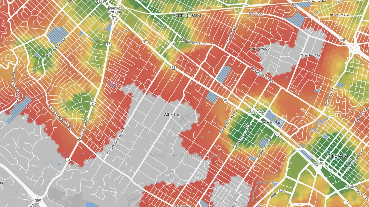 Walk Grade map of West Atherton, Atherton, CA, walkable areas in green and car-dependent areas in red