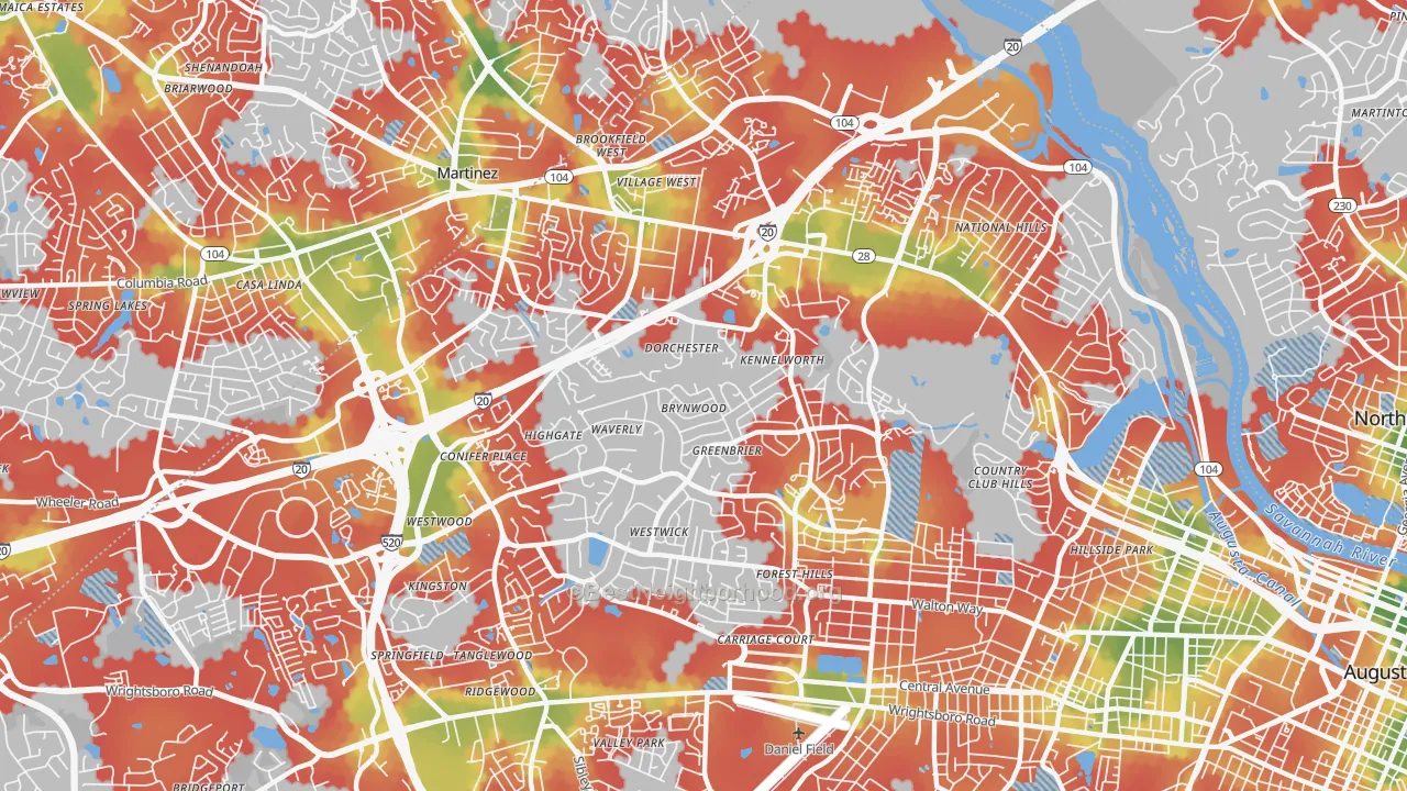 Walk Grade map of West Augusta, Augusta, GA, walkable areas in green and car-dependent areas in red