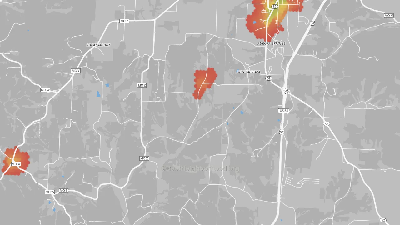 Walk Grade map of West Aurora, MO, walkable areas in green and car-dependent areas in red