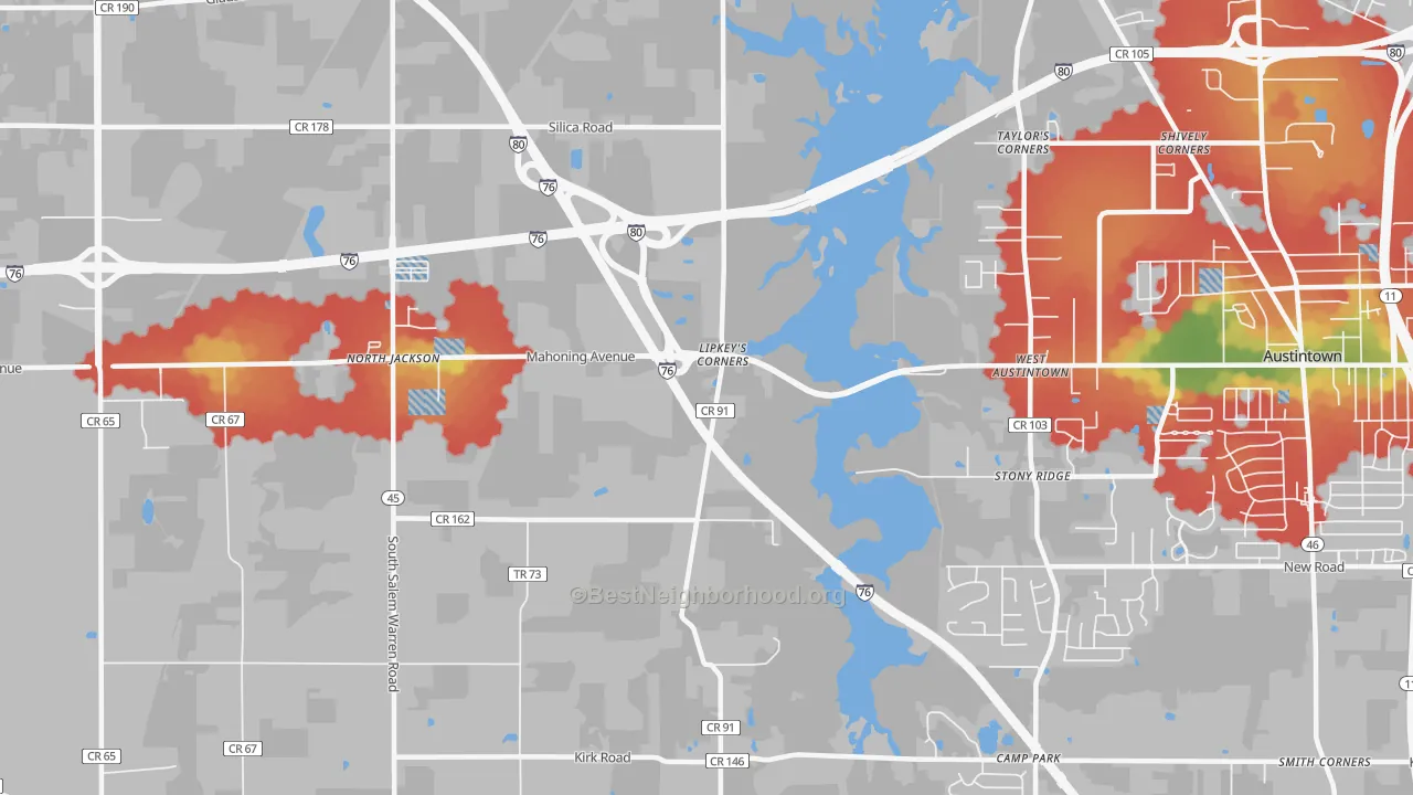Walk Grade map of West Austintown, OH, walkable areas in green and car-dependent areas in red