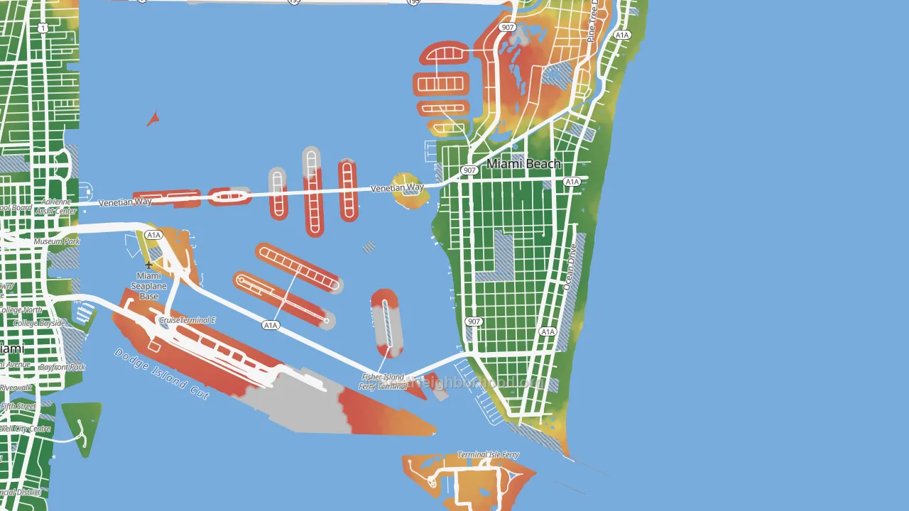 Walk Grade map of West Avenue, Miami Beach, FL, walkable areas in green and car-dependent areas in red