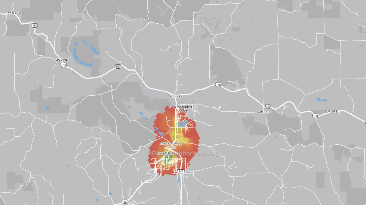 Walk Grade map of West Baden Springs, IN, walkable areas in green and car-dependent areas in red