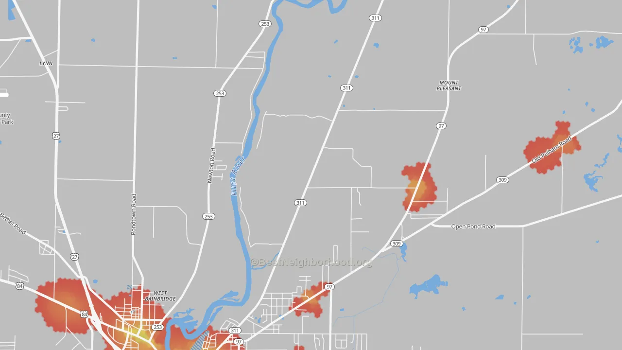 Walk Grade map of West Bainbridge, GA, walkable areas in green and car-dependent areas in red