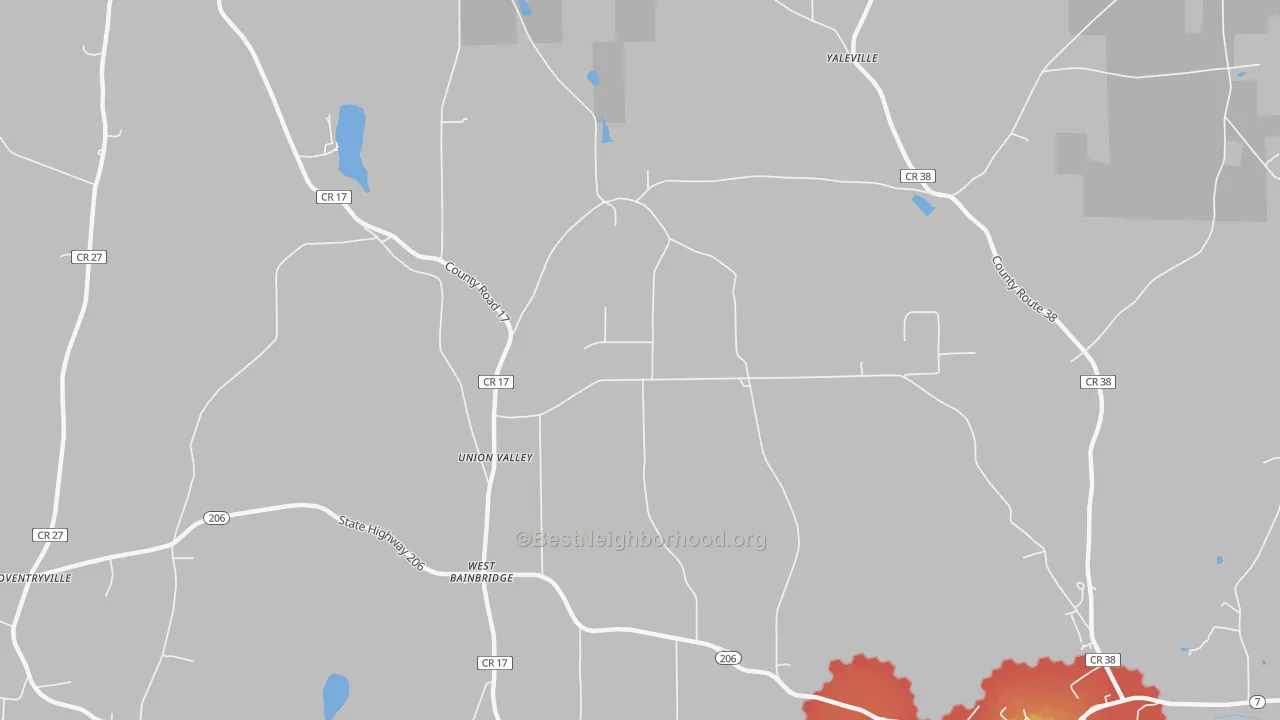 Walk Grade map of West Bainbridge, NY, walkable areas in green and car-dependent areas in red