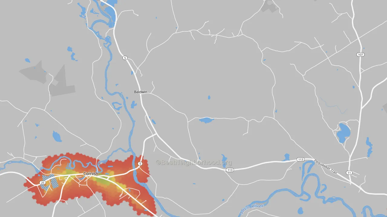 Walk Grade map of West Baldwin, ME, walkable areas in green and car-dependent areas in red
