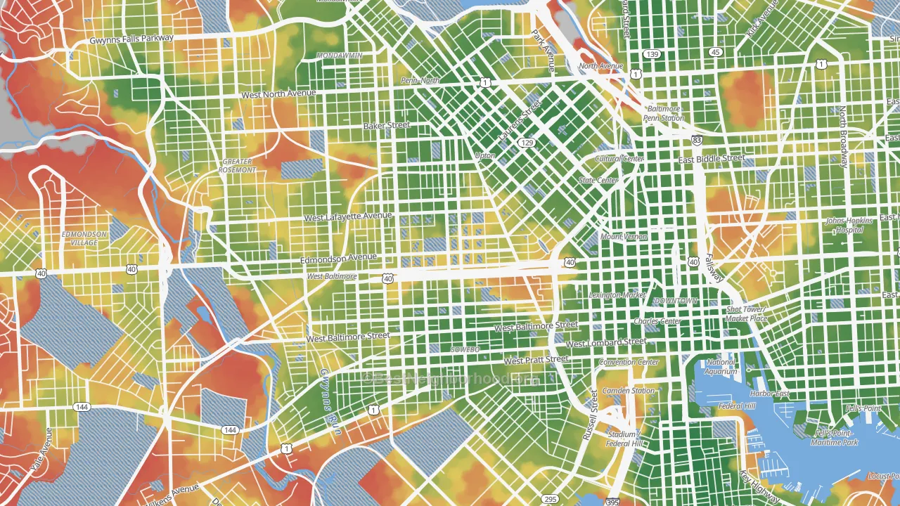 Walk Grade map of West Baltimore, Baltimore, MD, walkable areas in green and car-dependent areas in red