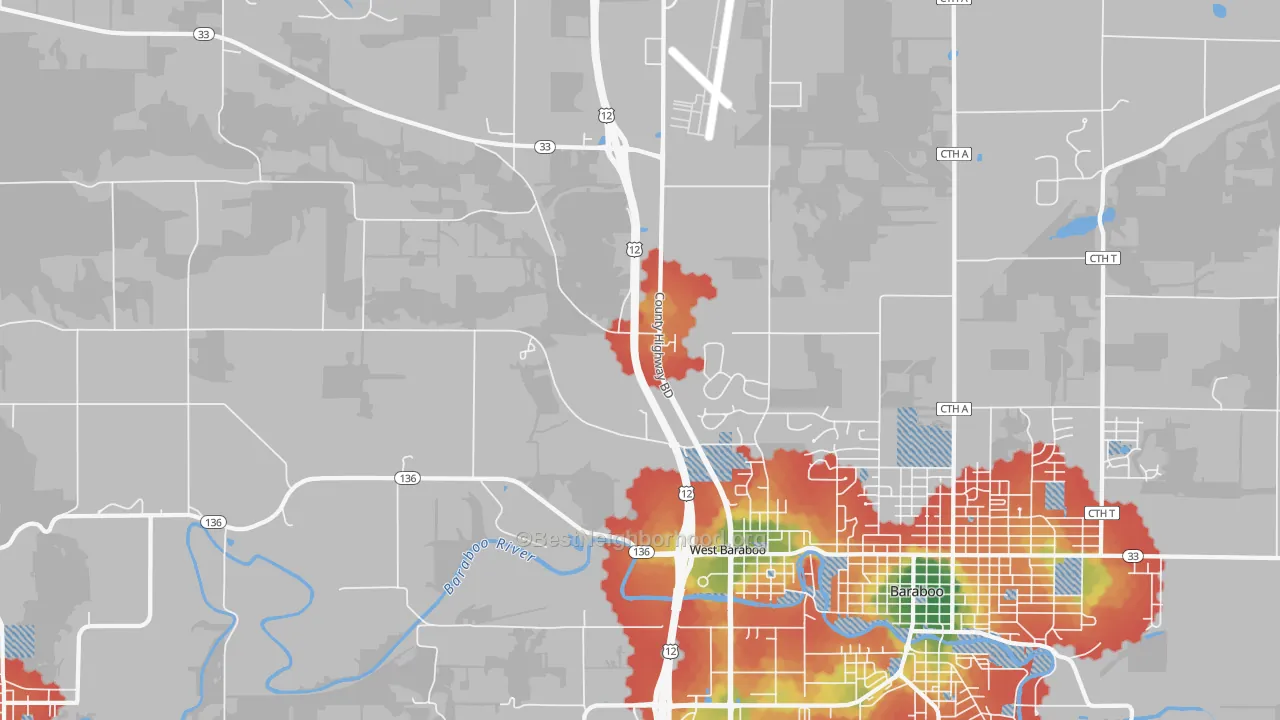 Walk Grade map of West Baraboo, WI, walkable areas in green and car-dependent areas in red