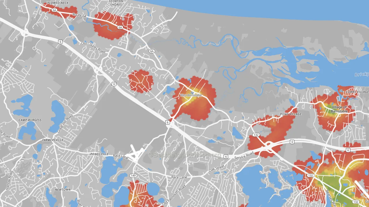Walk Grade map of West Barnstable, MA, walkable areas in green and car-dependent areas in red