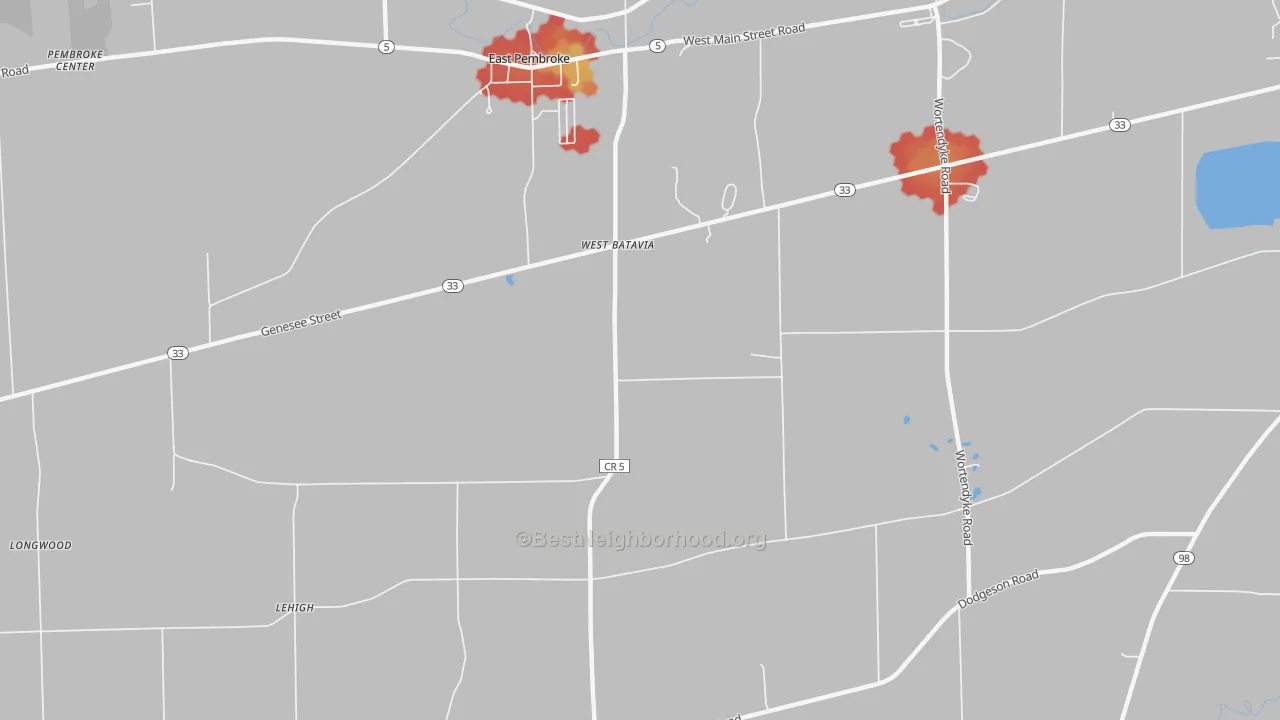 Walk Grade map of West Batavia, NY, walkable areas in green and car-dependent areas in red
