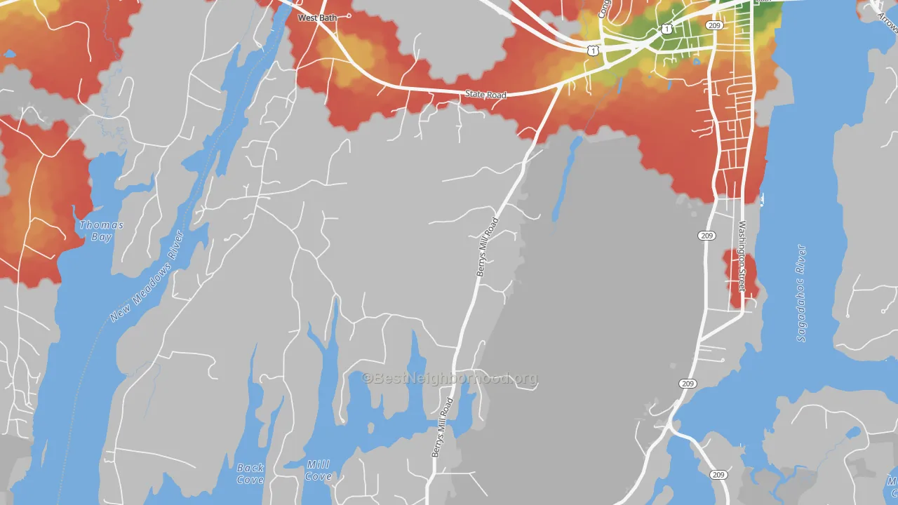 Walk Grade map of West Bath, ME, walkable areas in green and car-dependent areas in red