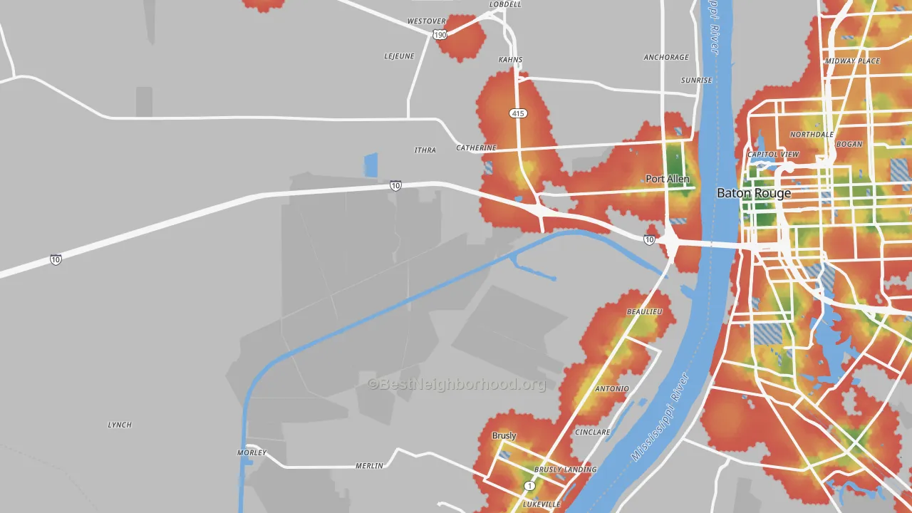 Walk Grade map of West Baton Rouge Parish, LA, walkable areas in green and car-dependent areas in red