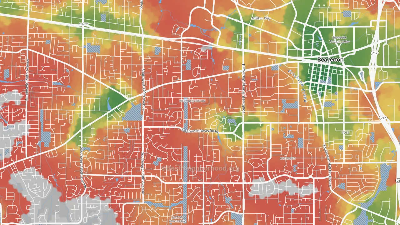 Walk Grade map of West Beaverton, Beaverton, OR, walkable areas in green and car-dependent areas in red