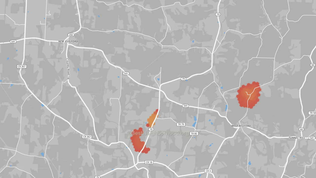 Walk Grade map of West Bedford, OH, walkable areas in green and car-dependent areas in red