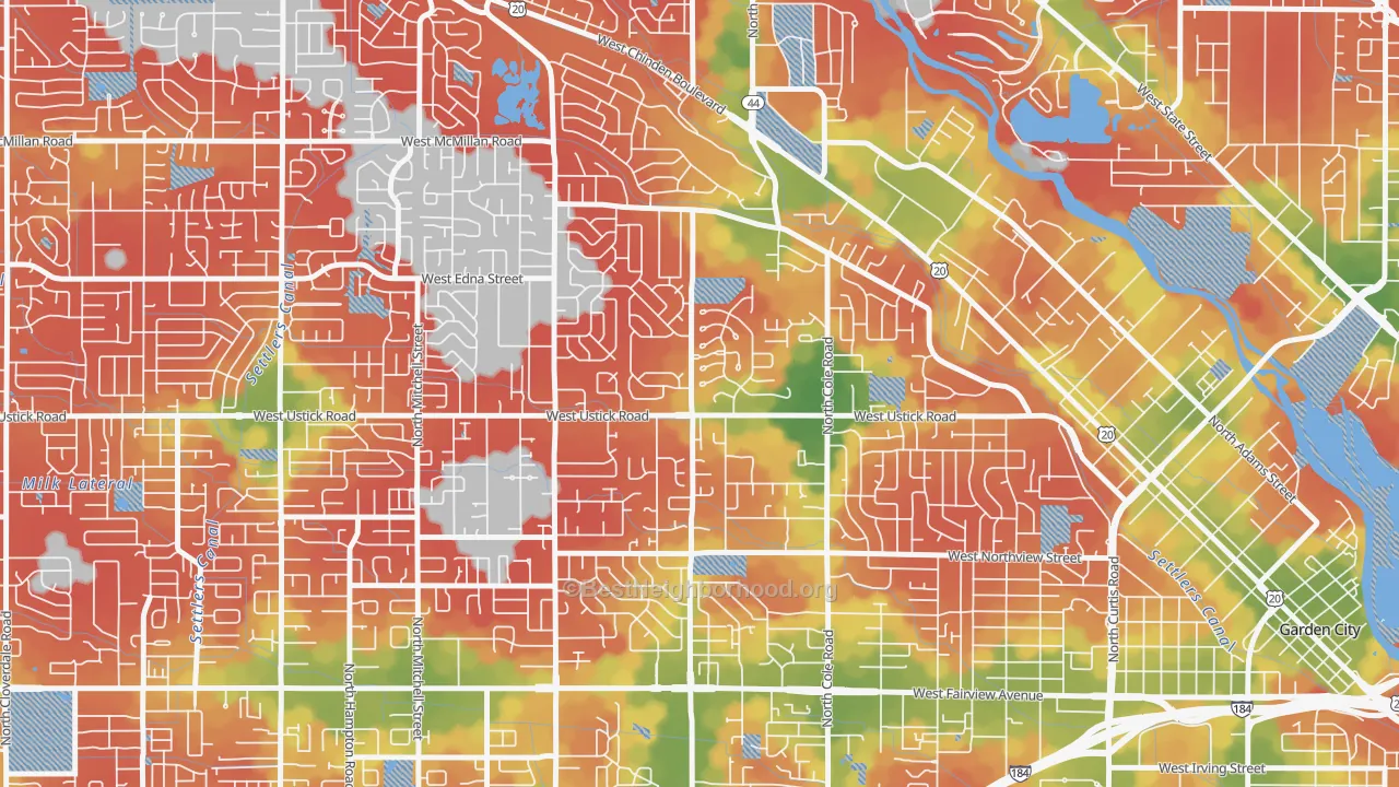 Walk Grade map of West Bench, Boise, ID, walkable areas in green and car-dependent areas in red