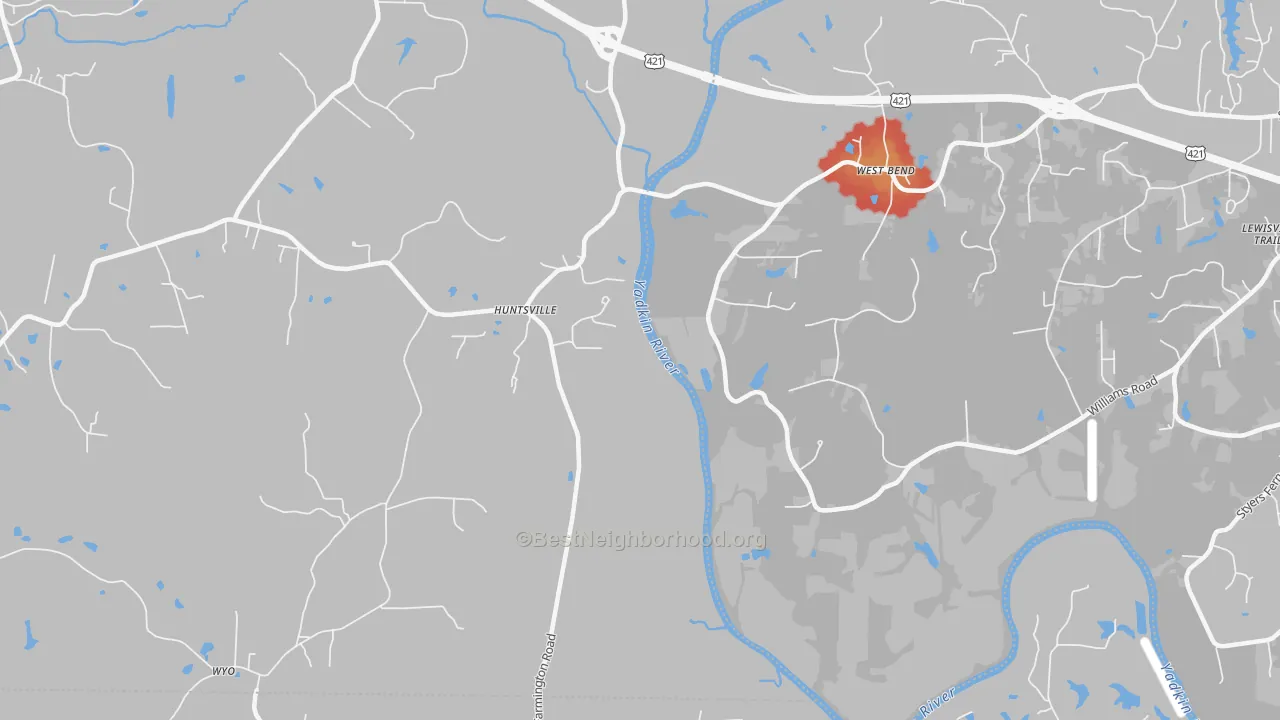 Walk Grade map of West Bend, NC, walkable areas in green and car-dependent areas in red